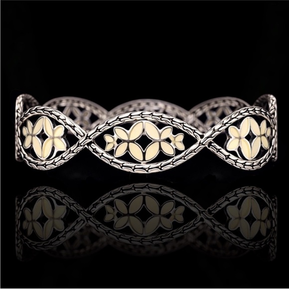 RARE John Hardy Kawung Sterling Silver Cream Enamel Bangle ~ LARGE 3" Diameter